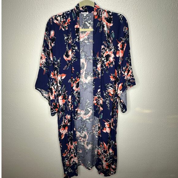 Splendid Navy Orange Ivory Multi Floral Short Sleeve Kimono Duster S - Picture 3 of 15